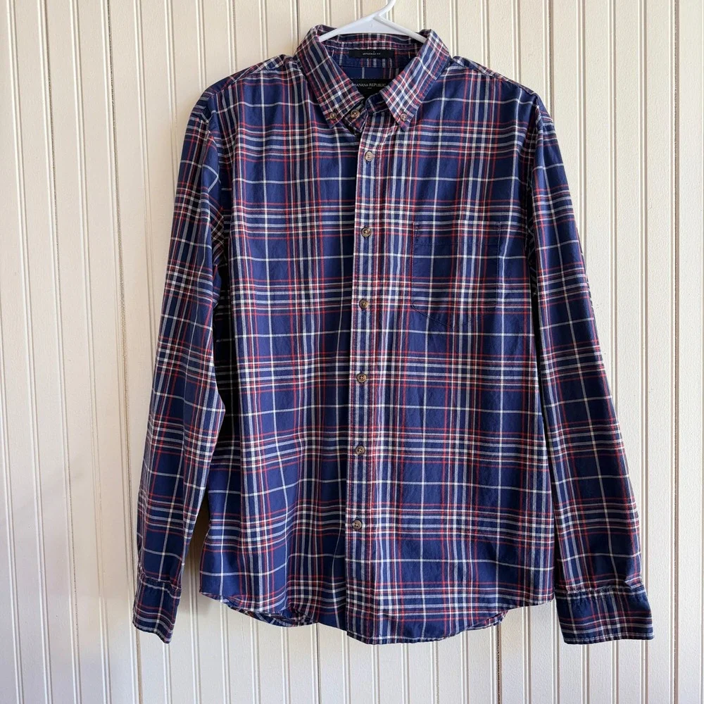 Banana Republic Mens Untucked Fit Plaid Button Down Shirt Blue Red White Large‎